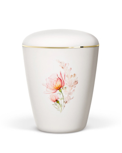 URNE, HVIT MATT, BLOMSTERBUKETT ROSE OG FERSKEN MED GULLBÅND, 26851